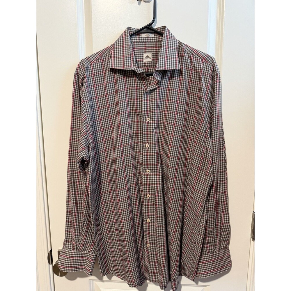 Peter Millar Men’s Large Plaid Shirt Brown Burgundy 100% Cotton Made Turkey